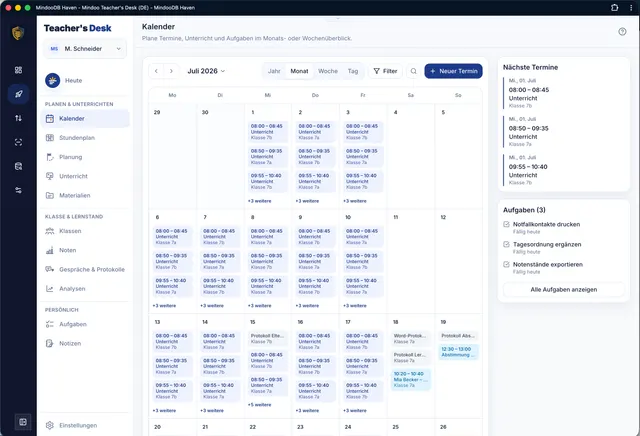 Monatsansicht mit Unterricht, Terminen und Aufgaben